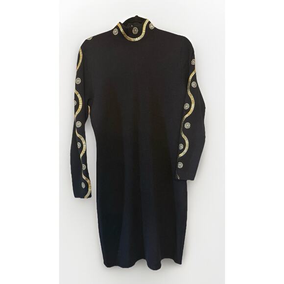 St. John Dresses & Skirts - Vintage 1980-90s St John Santana Knit Gold Embellished Mock Neck Mini Dress Sz 8